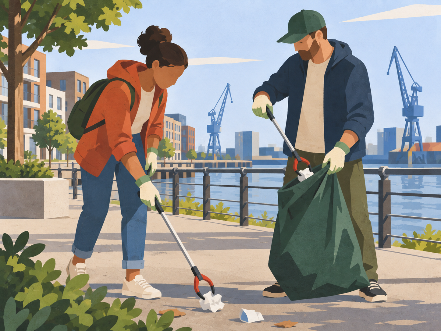 Zwei Personen sammeln mit Greifzangen und einem großen Müllbeutel Abfall am Hafenbecken – CleanUp-Aktion in Gröpelingen.
