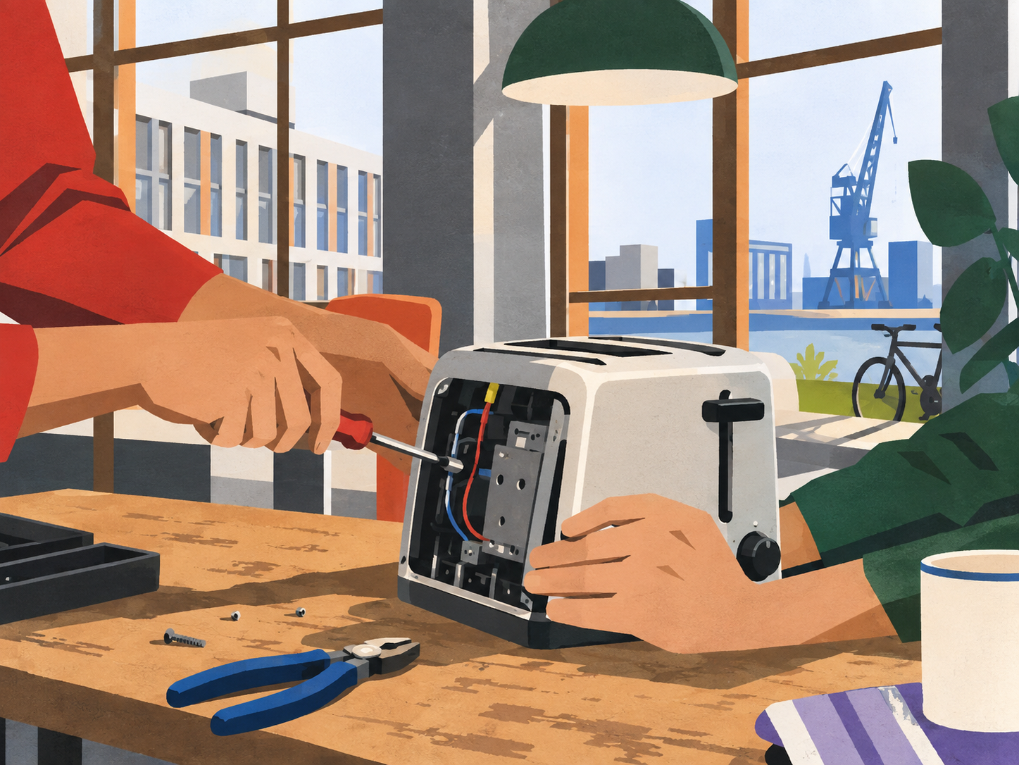 Zwei Personen reparieren gemeinsam mit einem Schraubendreher einen Toaster in einem Repair-Café.