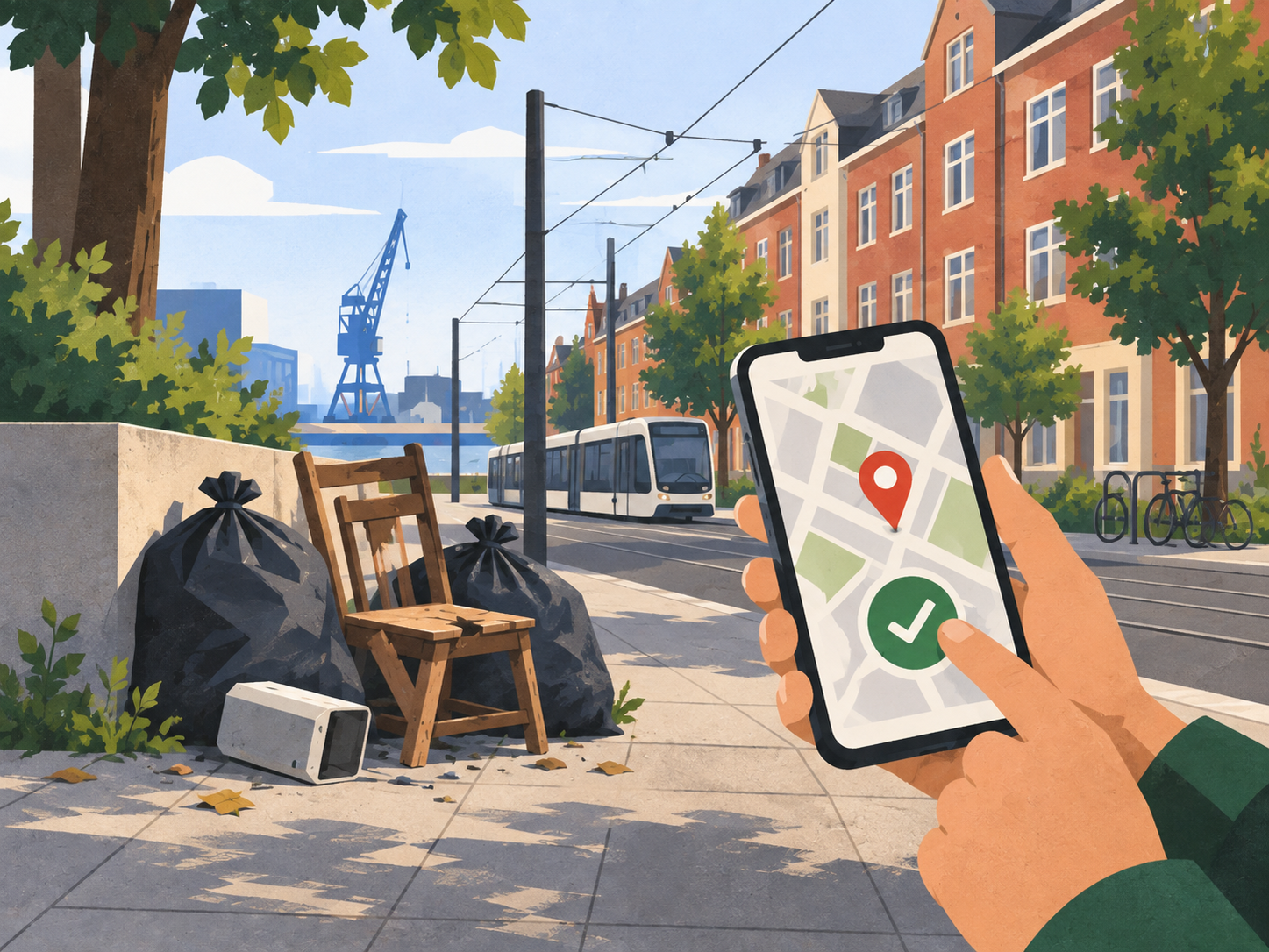 Müllablagerung auf dem Gehweg mit Müllsäcken und kaputtem Stuhl – daneben ein Smartphone mit Karten-Pin und Haken (Mängelmelder-App).